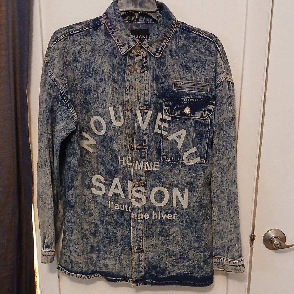 Boohoo Mens Blue and White Lightweight Shirt Jacket